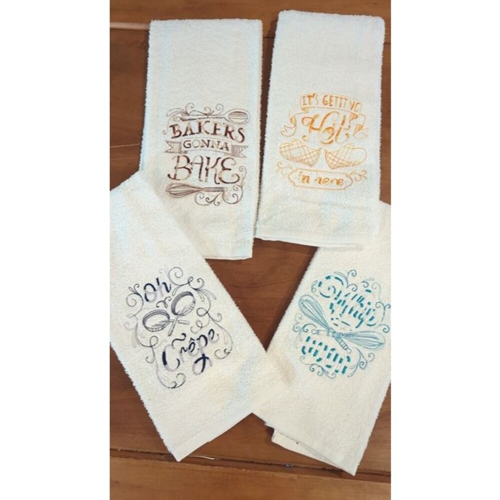 Funny embroidered kitchen towels Oh crepe! Whip it good Bakers going to bake